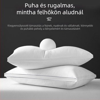 Fehér pamut párna, nagy rugalmasságú, téglalap alakú, satin csíkos dizájn, magasság 12 cm felett, tömeg 3–3,5 kg, töltet poliészter rost