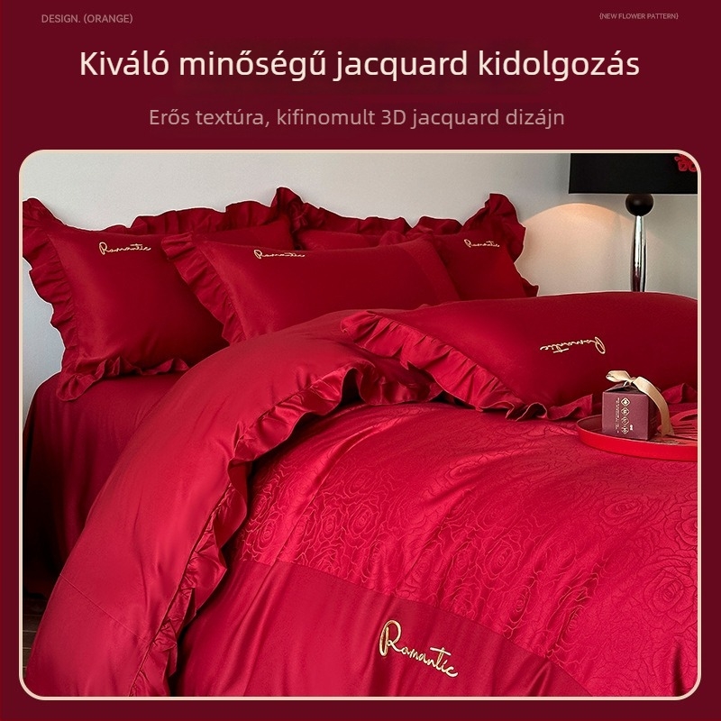 Prémium esküvői ágynemű készlet, 4 részes, piros színben, mosott pamutból: paplanhuzat, lepedő (lapos), gumis lepedő és ágytakaró