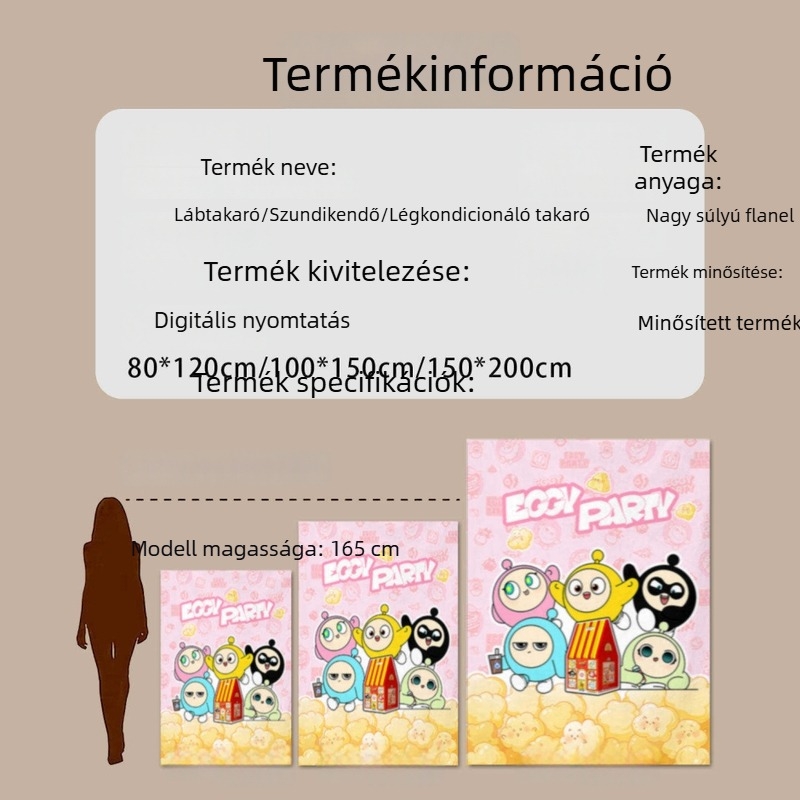 Eggboy Party plüss flanel takaró belső réteggel, rajzfilm mintával, diákszállóra, irodai kanapéra és rövid pihenéshez