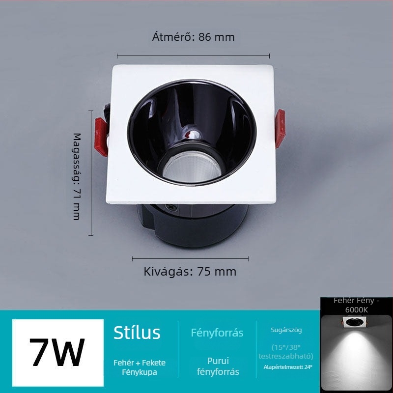 DALI protokoll LED beépített downlight, egyfejű, tükröződésmentes, 7W–12W, 75 mm nyílás, 75 mm rács