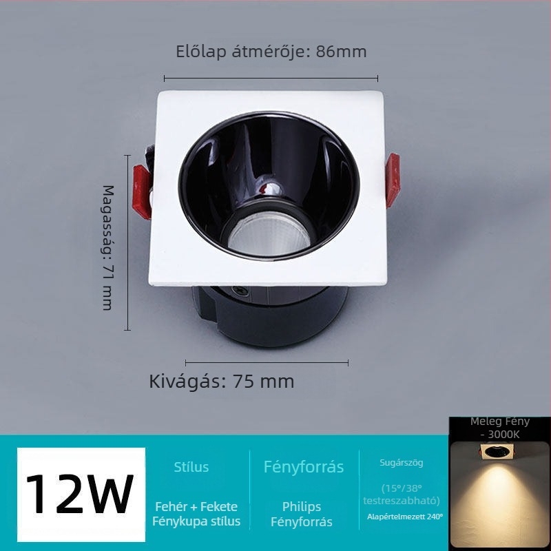 DALI protokoll LED beépített downlight, egyfejű, tükröződésmentes, 7W–12W, 75 mm nyílás, 75 mm rács