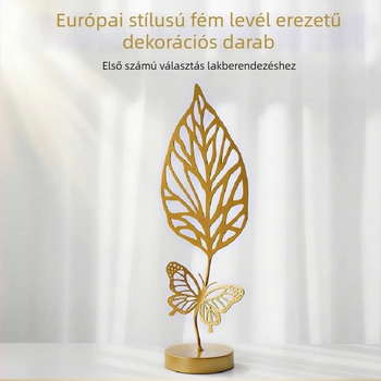 Nordikus stílusú vasból készült aranyleveles dísz, fa alapú asztali dekoráció