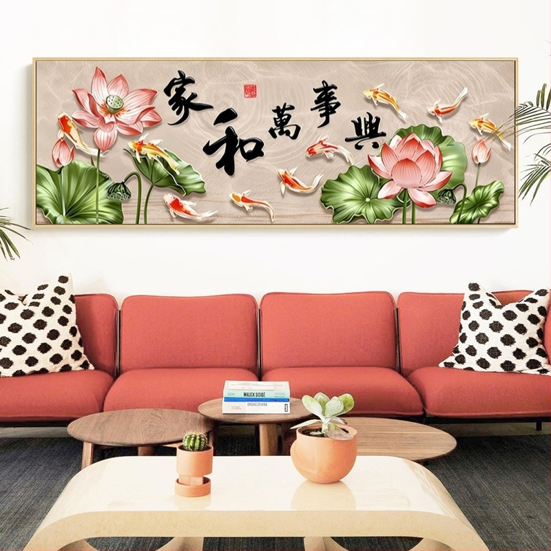 Keresztszemes készlet: Lótusz és kilenc hal mintával a nappaliba, kézzel készített hímzés, modern, letisztult stílus