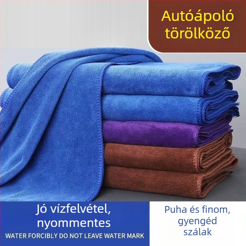 Mikroszálas autómosó kendő, vastag és nedvszívó; 400 g/m²; színek: kék, lila, barna, szürke, zöld; méretek: 60x160, 60x180, 80x180, 30x30, 40x40, 40x60, 35x75 cm; szegélyes; logónyomás elérhető; multifunkcionális kendő.