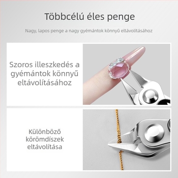 Körömdíszítés eszközei: kövek eltávolítására szolgáló csipesz, vágócsipesz, fém olló és lánc olló — professzionális manikűr eszközök