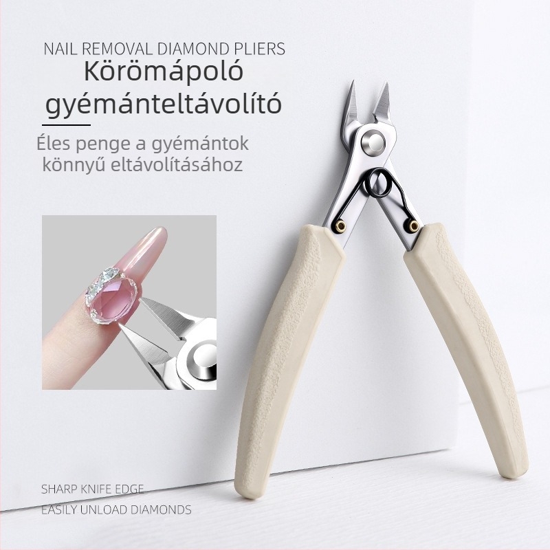 Körömdíszítés eszközei: kövek eltávolítására szolgáló csipesz, vágócsipesz, fém olló és lánc olló — professzionális manikűr eszközök