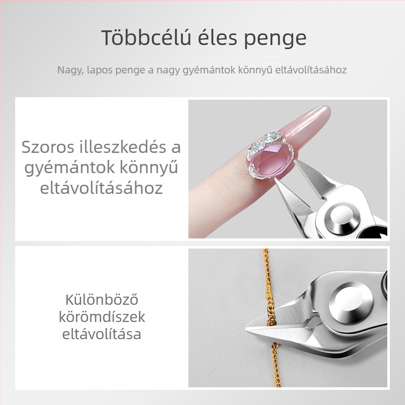 Körömdíszítés eszközei: kövek eltávolítására szolgáló csipesz, vágócsipesz, fém olló és lánc olló — professzionális manikűr eszközök