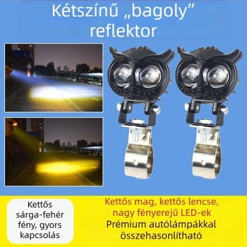 Ultra‑fényes LED reflektor motorkerékpárhoz és elektromos járműhöz, sárga/fehér váltó fény, magas és alacsony fény, univerzális 12-85V