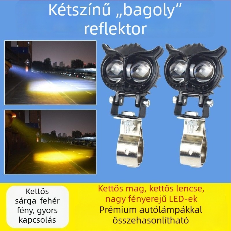 Ultra‑fényes LED reflektor motorkerékpárhoz és elektromos járműhöz, sárga/fehér váltó fény, magas és alacsony fény, univerzális 12-85V