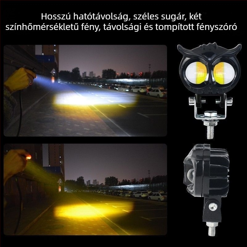 Ultra‑fényes LED reflektor motorkerékpárhoz és elektromos járműhöz, sárga/fehér váltó fény, magas és alacsony fény, univerzális 12-85V