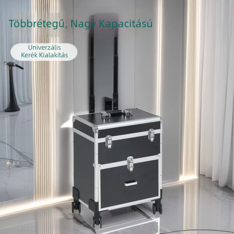 Többszintésű, nagy kapacitású kozmetikai táska alumíniumötvözetből, kihúzható fogantyúval, professzionális fodrász- és manikűrös készlet, univerzális kerekekkel