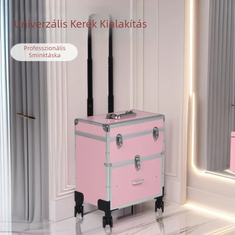 Többszintésű, nagy kapacitású kozmetikai táska alumíniumötvözetből, kihúzható fogantyúval, professzionális fodrász- és manikűrös készlet, univerzális kerekekkel