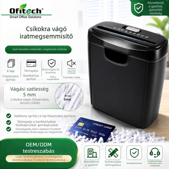 OS606S papírtörő, 10L kapacitás, kompakt otthoni és irodai használatra, csíkokra vágás, biztonsági szint P-2, 6 lap