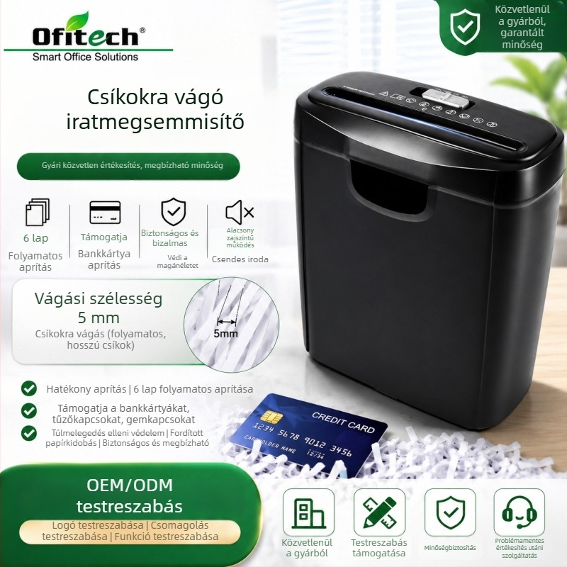 OS606S papírtörő, 10L kapacitás, kompakt otthoni és irodai használatra, csíkokra vágás, biztonsági szint P-2, 6 lap