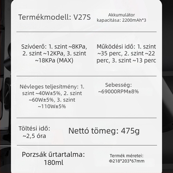 Kompakt autós porszívó, kefementes, por eltávolítás és légbefúvó, 4 az 1-ben, V27S