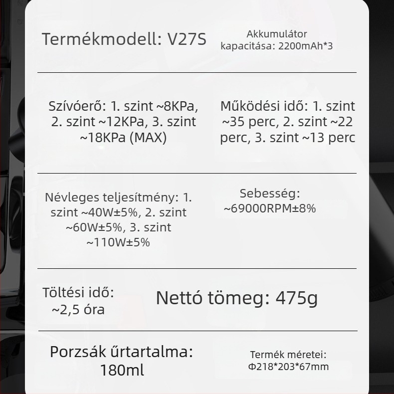 Kompakt autós porszívó, kefementes, por eltávolítás és légbefúvó, 4 az 1-ben, V27S
