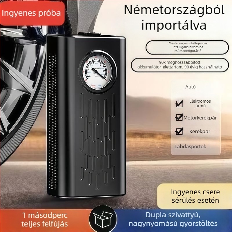 Vezeték nélküli autógumi felfújó pumpa, nagy teljesítményű, hordozható kézi, analóg nyomásmérővel és univerzális csatlakozófejjel