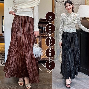 Kismama bőrszoknya — őszi francia stílus, retro elegáns, szabálytalan plisírozás, középméretű hosszúságú, A-vonal