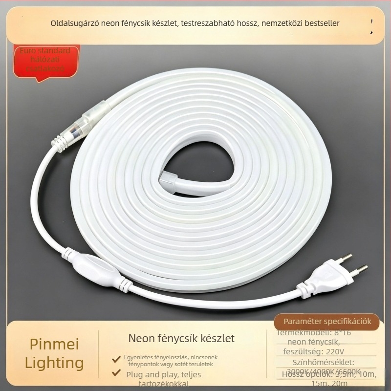 Rugalmas LED neoncsík, vízálló COB, egyoldalas, 9W/m, 120 LED (2835), 180° fénycsóva, dimmelhető, élettartam 50 000 óra, méret 15×15 mm