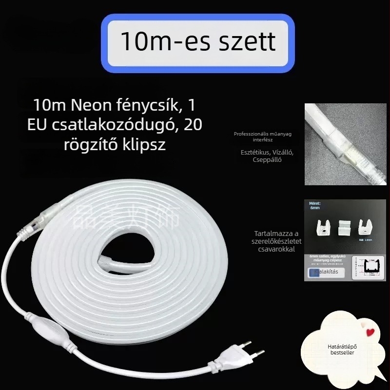 Rugalmas LED neoncsík, vízálló COB, egyoldalas, 9W/m, 120 LED (2835), 180° fénycsóva, dimmelhető, élettartam 50 000 óra, méret 15×15 mm