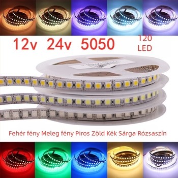 12V 5050 LED szalag, egyvonalú, 120 LED, rugalmas, RGB színváltó, CRI 80