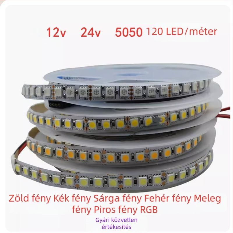 12V 5050 LED szalag, egyvonalú, 120 LED, rugalmas, RGB színváltó, CRI 80
