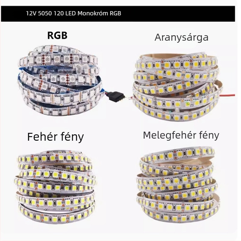 12V 5050 LED szalag, egyvonalú, 120 LED, rugalmas, RGB színváltó, CRI 80