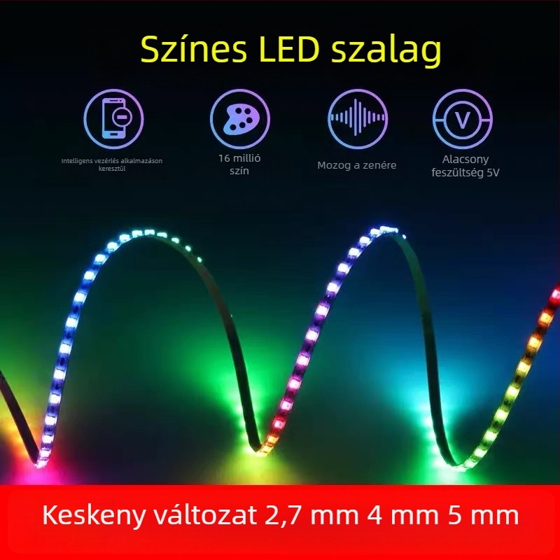 Ultra-szűk 5V RGB LED-szalag egyedi pont-vezérléssel, színváltó hangulatvilágítás, LED-enként vágásra alkalmas
