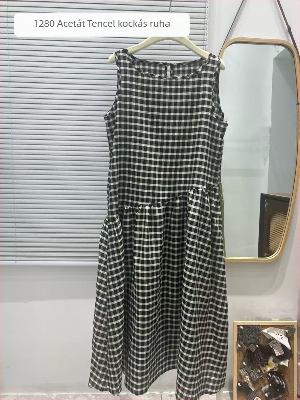 Retro művészi, ujjatlan ruha fekete-fehér kockás mintával, könnyű Tencel acetát anyag