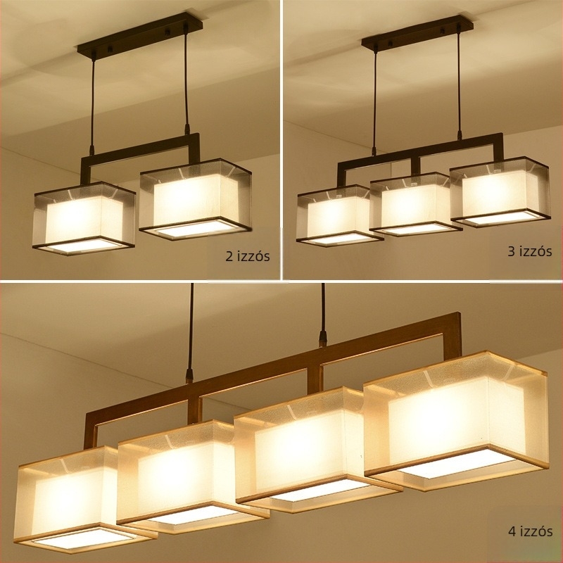 Háromfejű vas függőlámpa textile árnyékolóval, modern, téglalap alakú LED