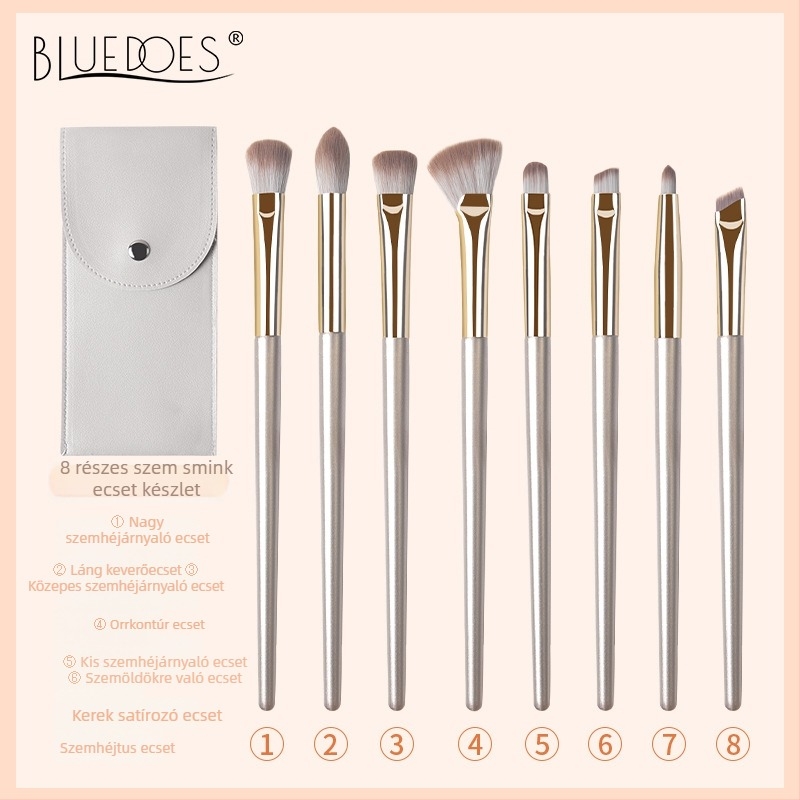 8 darabos szemkörnyéki ecsetkészlet: szemhéj ecset, orrkontúr ecset, eyeliner ecset, satírozó ecset