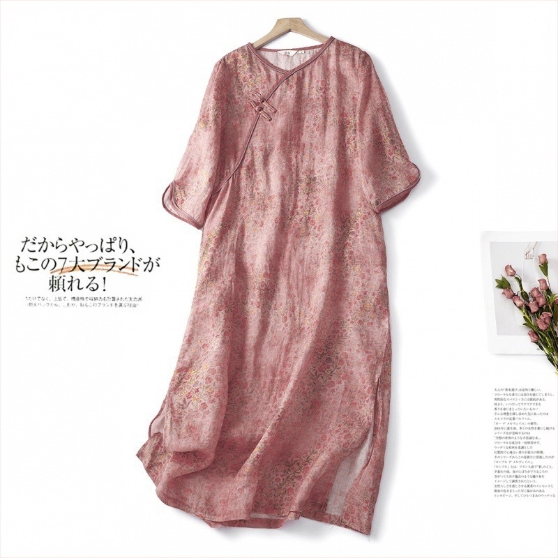 Női kínai stílusú ramie ruha, nyári könnyű pamut-lin összetétel, qipao púder rózsaszínben, karcsúsító fazon, irodalmi retro nemzeti stílus