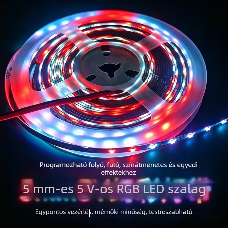 5 mm programozható RGB LED-szalag folyó gradiens effektusokkal autó hangulatvilágításhoz, 5V