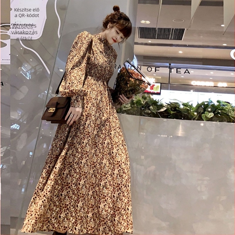 Hosszú ruha karcsúsított derékkal, bohem stílusú, sifon anyag, őszi-téli szezonhoz, hosszú ujjú, magas gallér, retro hatás, hongkong-stílus