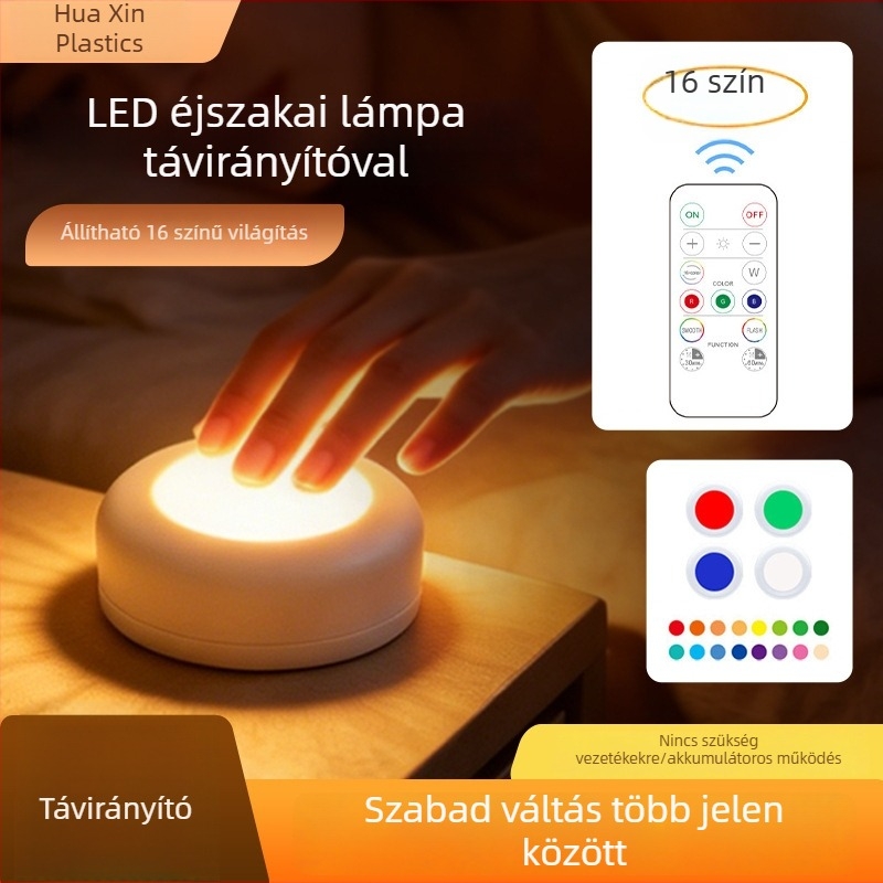 16 színű LED éjszakai fény, nyomógombbal és távirányítóval a színváltáshoz, mini szekrénylámpa infravörös távirányítóval