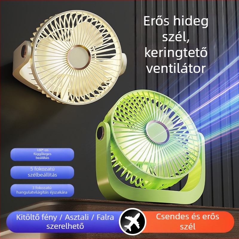Tölthető asztali ventilátor nagy kapacitású lítiumakkumulátorral, kézi ventilátor éjjeli fénnyel, USB-s áramellátás, csendes, falra szerelhető, testreszabható