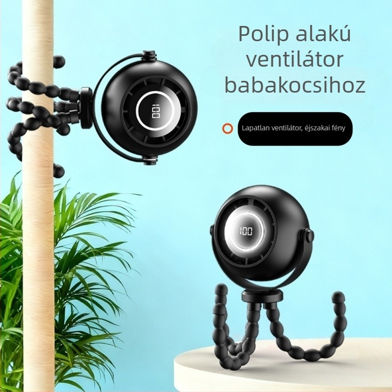Polip alakú USB asztali ventilátor LED éjjeli fényével, hordozható, babakocsira illő