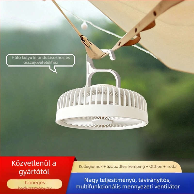 Kültéri kemping ventilátor éjjellámpával, 2 az 1-ben, hordozható USB újratölthető, akasztóként vagy állványként használható.