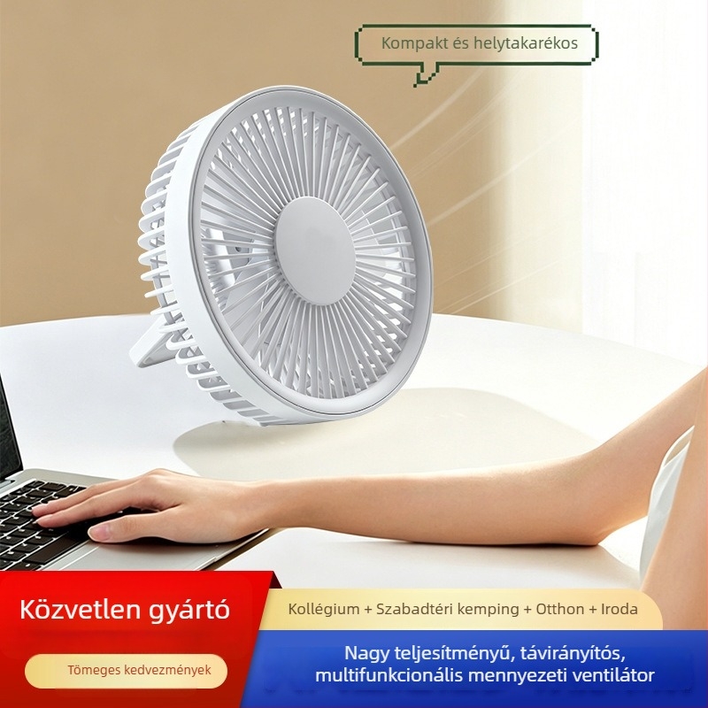 Kültéri kemping ventilátor éjjellámpával, 2 az 1-ben, hordozható USB újratölthető, akasztóként vagy állványként használható.
