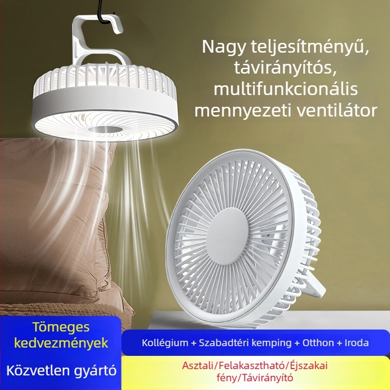 Kültéri kemping ventilátor éjjellámpával, 2 az 1-ben, hordozható USB újratölthető, akasztóként vagy állványként használható.