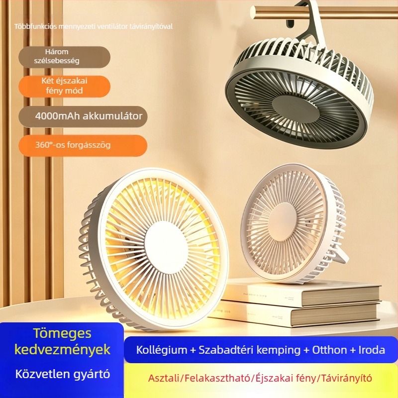 Kültéri kemping ventilátor éjjellámpával, 2 az 1-ben, hordozható USB újratölthető, akasztóként vagy állványként használható.