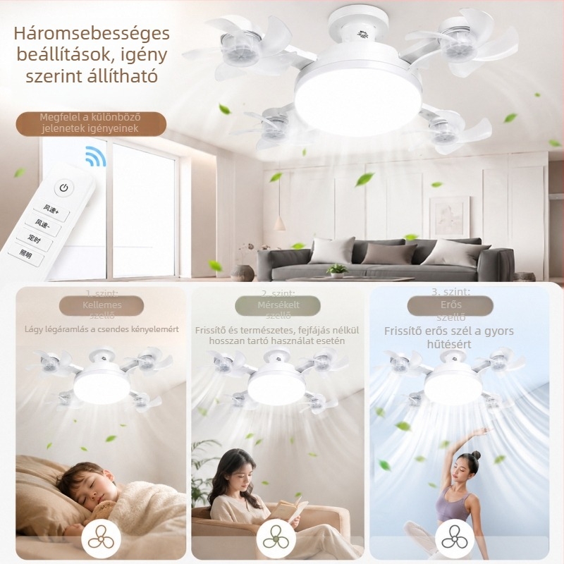 Csendes E27-es integrált mennyezeti ventilátor lámpával, távirányítós, multifunkcionális otthoni ventilátor