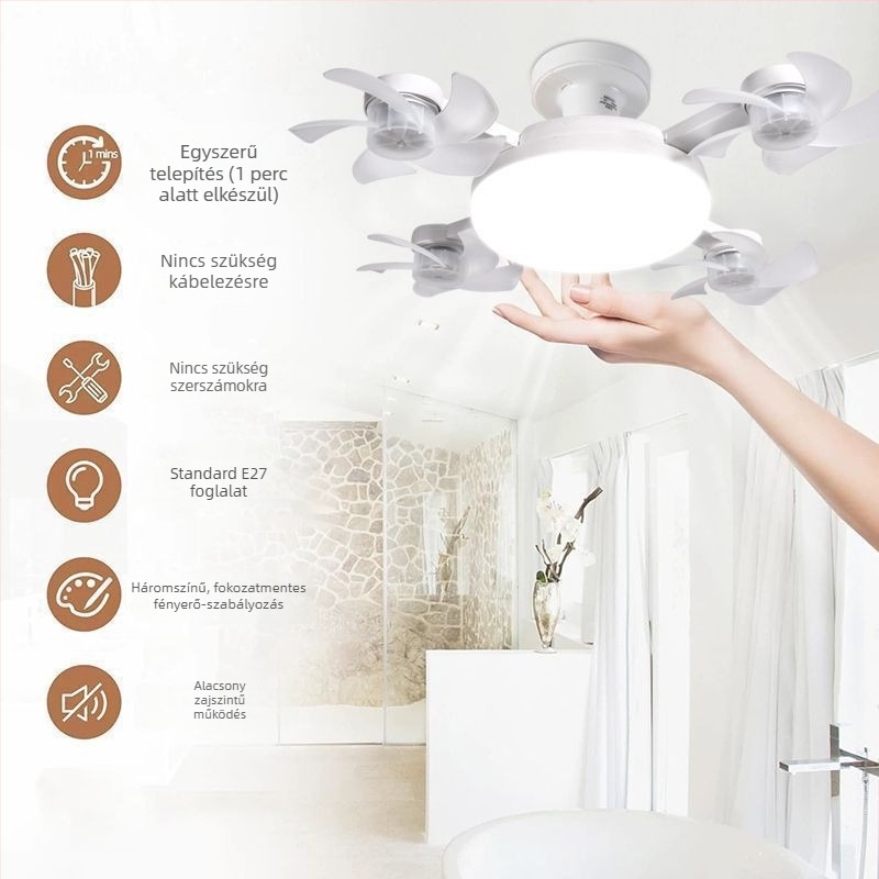 Csendes E27-es integrált mennyezeti ventilátor lámpával, távirányítós, multifunkcionális otthoni ventilátor