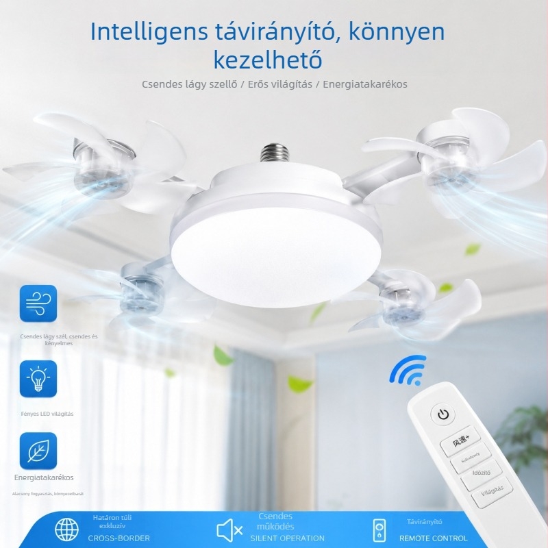 Csendes E27-es integrált mennyezeti ventilátor lámpával, távirányítós, multifunkcionális otthoni ventilátor