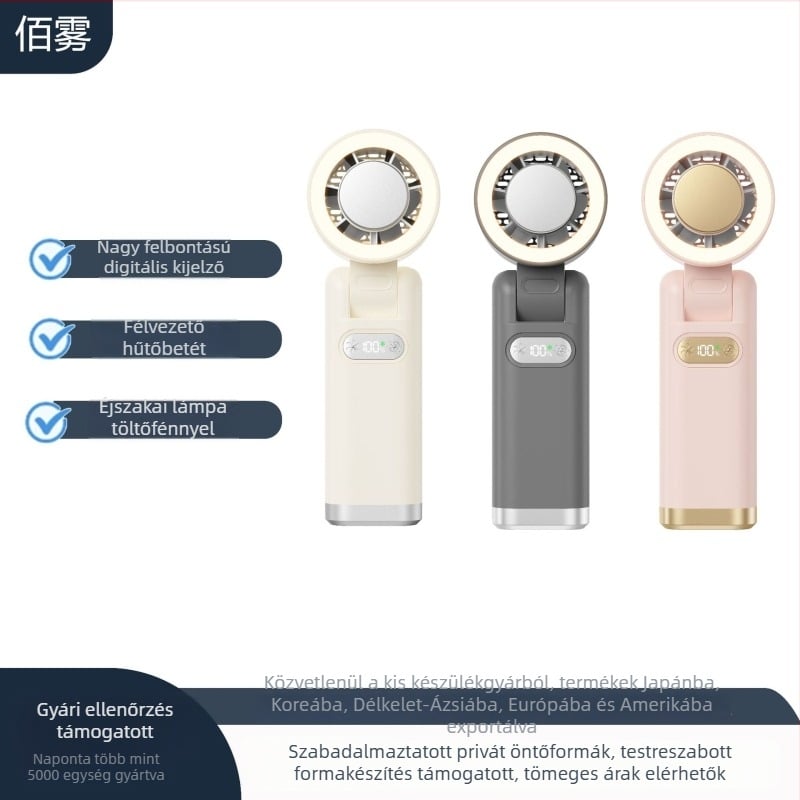 Összecsukható kézi ventilátor éjszakai fénnyel, töltőfény, HD kijelző, erős légáram, testre szabható