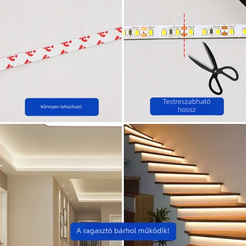 12V COB LED-szalag, öntapadós, 2835 chippek, egy- és kétszínű, CRI 90, flickermentes