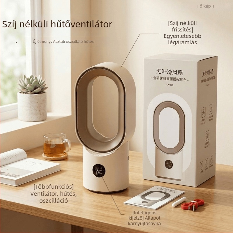 Lapát nélküli asztali ventilátor, kompakt iroda- vagy kollégiumi használatra, újratölthető, oszcilláló