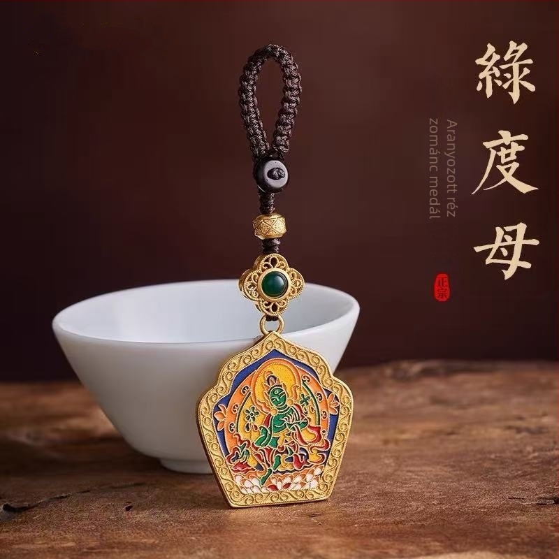 Tibeti stílusú kulcstartó rézből, Green Tara Thangka motívummal, sand-gold bevonat, Guanyin Bodhisattva a békéért, uniszex.