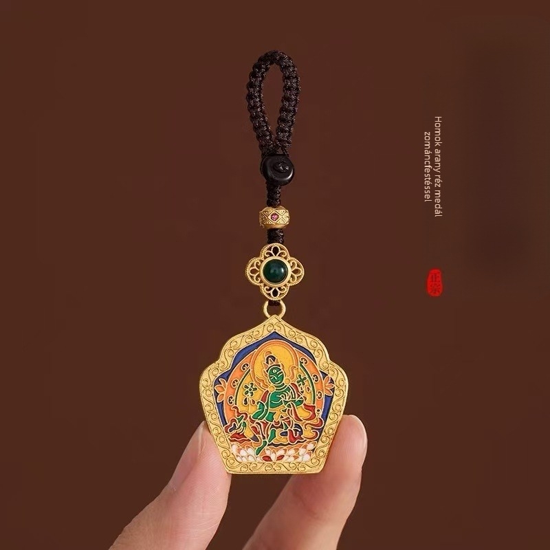 Tibeti stílusú kulcstartó rézből, Green Tara Thangka motívummal, sand-gold bevonat, Guanyin Bodhisattva a békéért, uniszex.