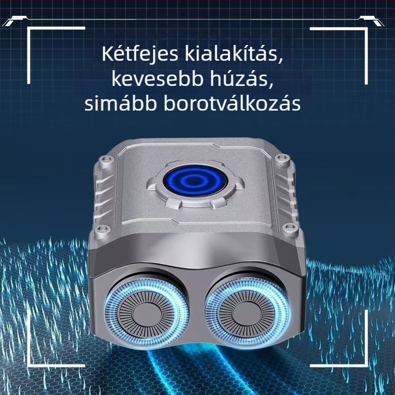 Vízálló mini elektromos borotva férfiak számára, utazó méret, forgó kétfejű fej, alumíniumötvözet test, nedves/száraz használat, újratölthető